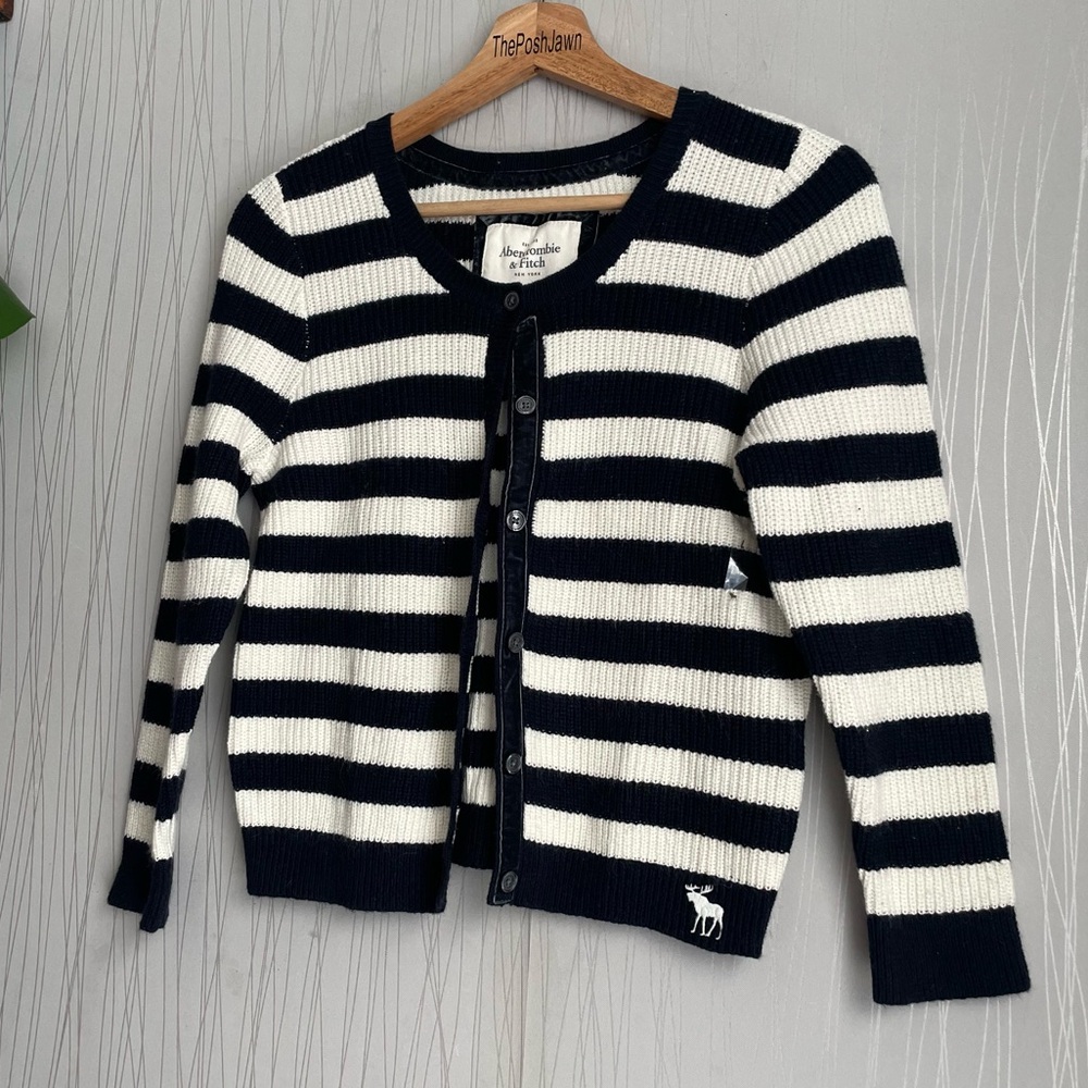 Abercrombie & Fitch Small Sweater Blue/White Striped Button Up Size Large - Picture 2 of 6